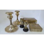 Silver and white metal collectables: to include a pair of candlesticks  5"h; a cigarette box; and