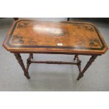 A late Victorian walnut and marquetry hall table, raised on turned legs and casters  28"h  34"w