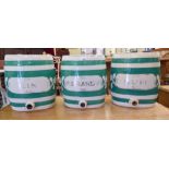 Three late Victorian china shop display spirit barrels with green glazed, striped decoration  14"h