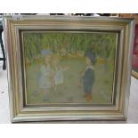 20thC British School - three children in a garden  oil on canvas  bears an indistinct signature  13"