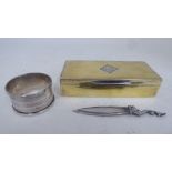 Silver collectables, viz. a page marker; a napkin ring; and a snuff box  4"w  mixed marks