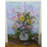 W Tomas - a still life study of flowers in a vase  oil on board  bears a signature  28" x 20"