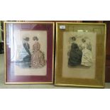 Two similar late 19thC French fashion  mixed media collages  13" x 9"  framed