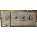 After O'Klein - a pair of cat cartoons  coloured prints  bearing pencil signatures  8" x 18"  framed