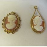 Two similar, oval shell carved cameo pendants, in decorative 9ct gold frames