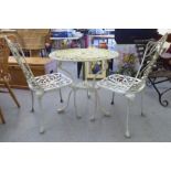 A modern Victorian style white painted terrace set  comprising a table  29"h  30"dia; and a pair