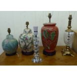 Five various modern table lamps: to include one of Oriental ginger jar design  14"h