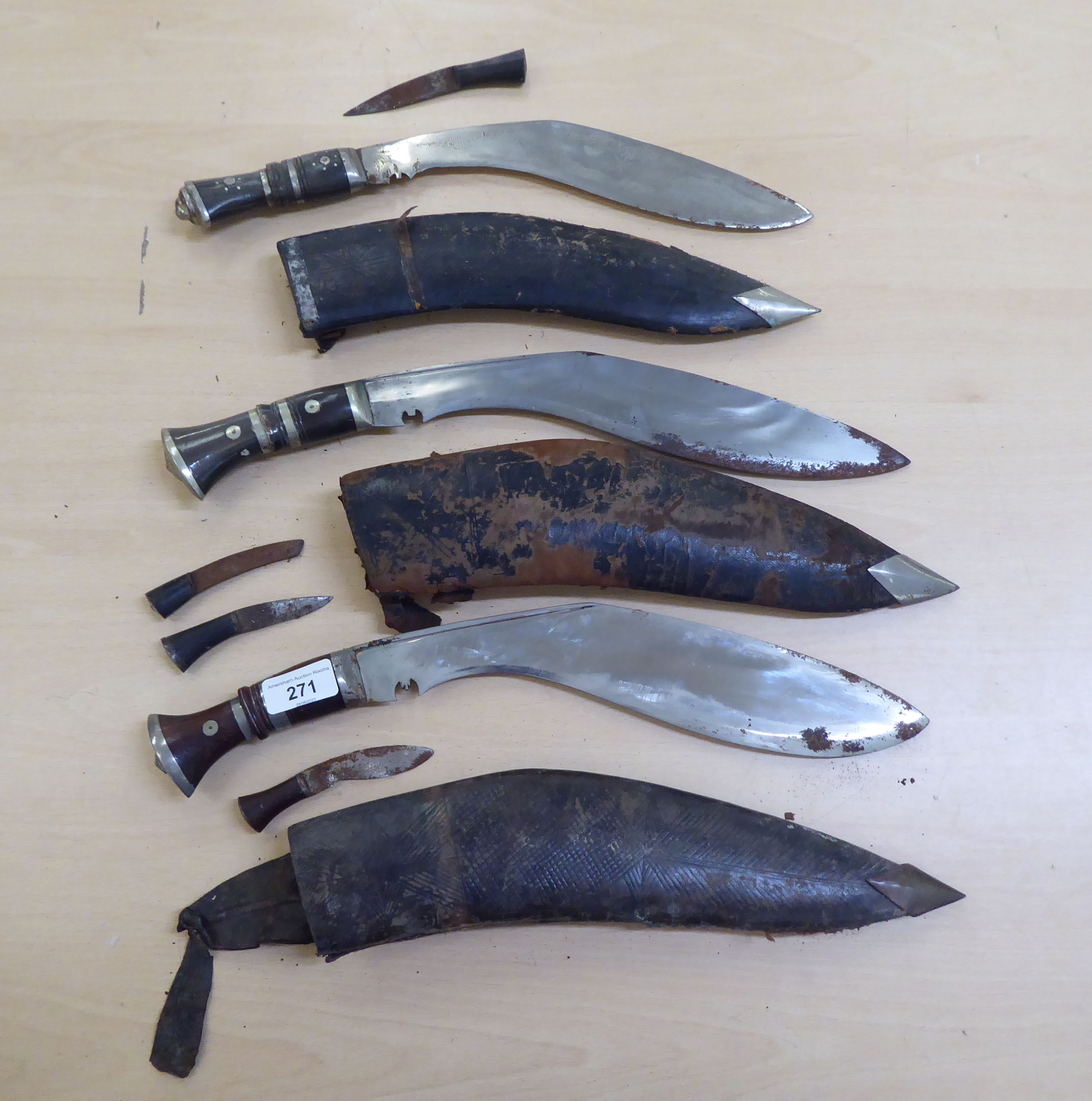 Three similar Kukri's, each with a boning knife  the blades 10"L