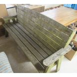 A weathered teak, three person bench seat of slatted construction, on pine supports  75"w