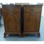 A pair of Art Deco burr walnut veneered bedside chests with a brushing slide, over a single drawer