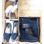 Three pairs of ladies Uggs, viz.  a pair of shoes, boots and slippers  all size 3.5  boxed