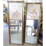 A pair of modern mirrors, each with a bevelled plate and a painted panel depicting elephants  58"