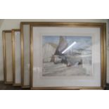 Four similarly framed watercolours by Norman Thomas Jones - quay and shoreline scenes  three bearing