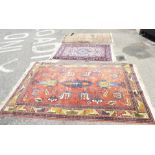 Three rugs: to include a Caucasian example, decorated with geometric shapes, on a multi-coloured