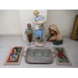 A mixed lot: to include a plaster figure, a young woman, reading a music book  26"h