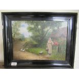 W Logsdarl - a cottage landscape with women talking by a dirt path  oil on board  bears a signature