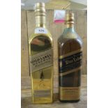 A bottle of Johnnie Walker Blue Label and Johnnie Walker Gold Label Reserve