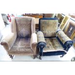 Two dissimilar, early 20thC patterned fabric covered, enclosed arm chairs