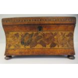 A late 19thC Tunbridgeware tea casket of waisted, rectangular form, the domed, hinged lid