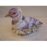 A mid 18thC Derby porcelain two part hen on nest crock, decorated in tones of purple and white  6"h