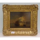 After Morris - a moonlit seascape  oil on canvas  bears text verso  8" x 9.5"  framed