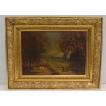 Early 20thC School - a mother and child on a woodland path  oil on board  6.5" x 9"  framed
