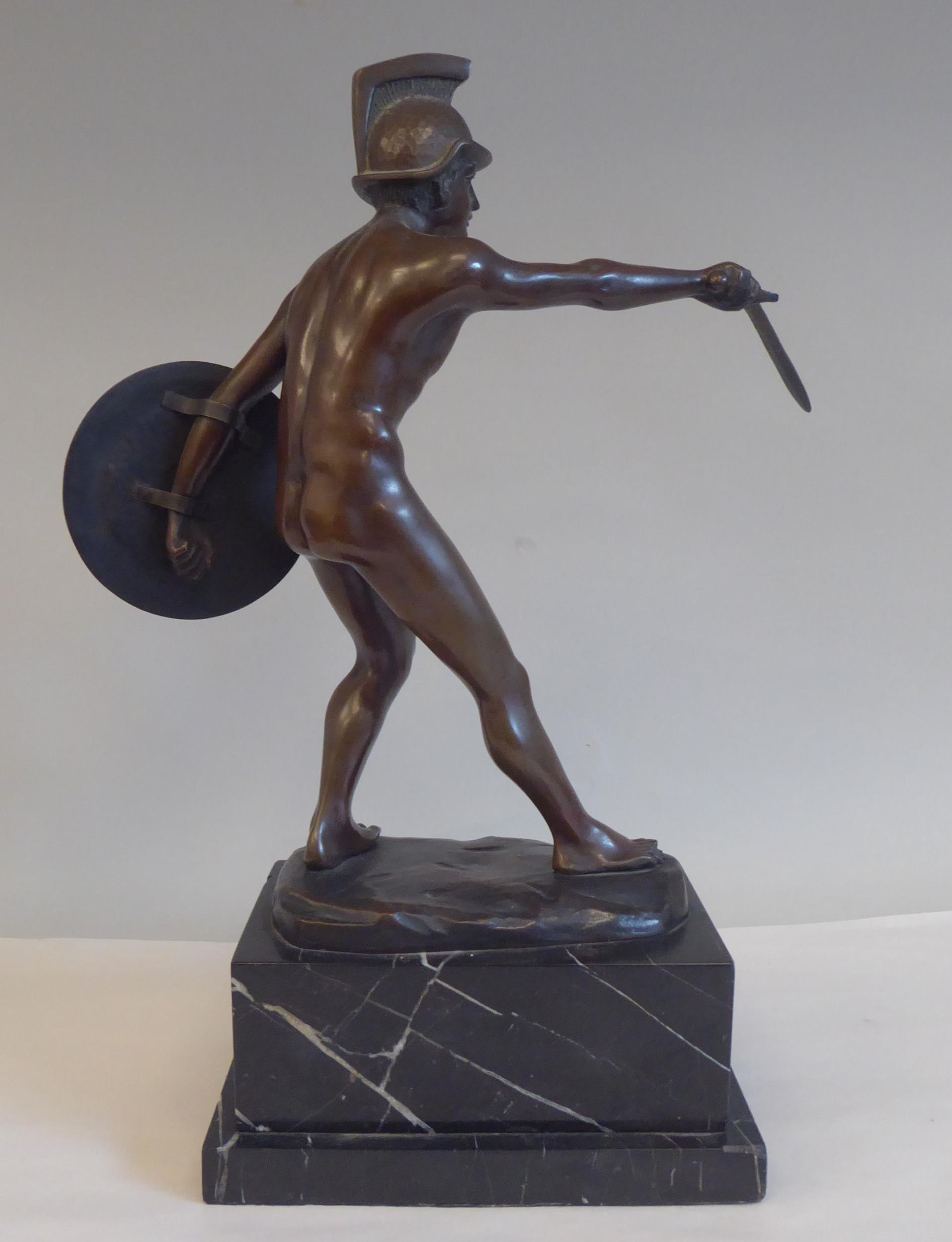 After Schwaldenberg - a cast and patinated bronze nude, classical warrior with a shield and sword - Image 3 of 8