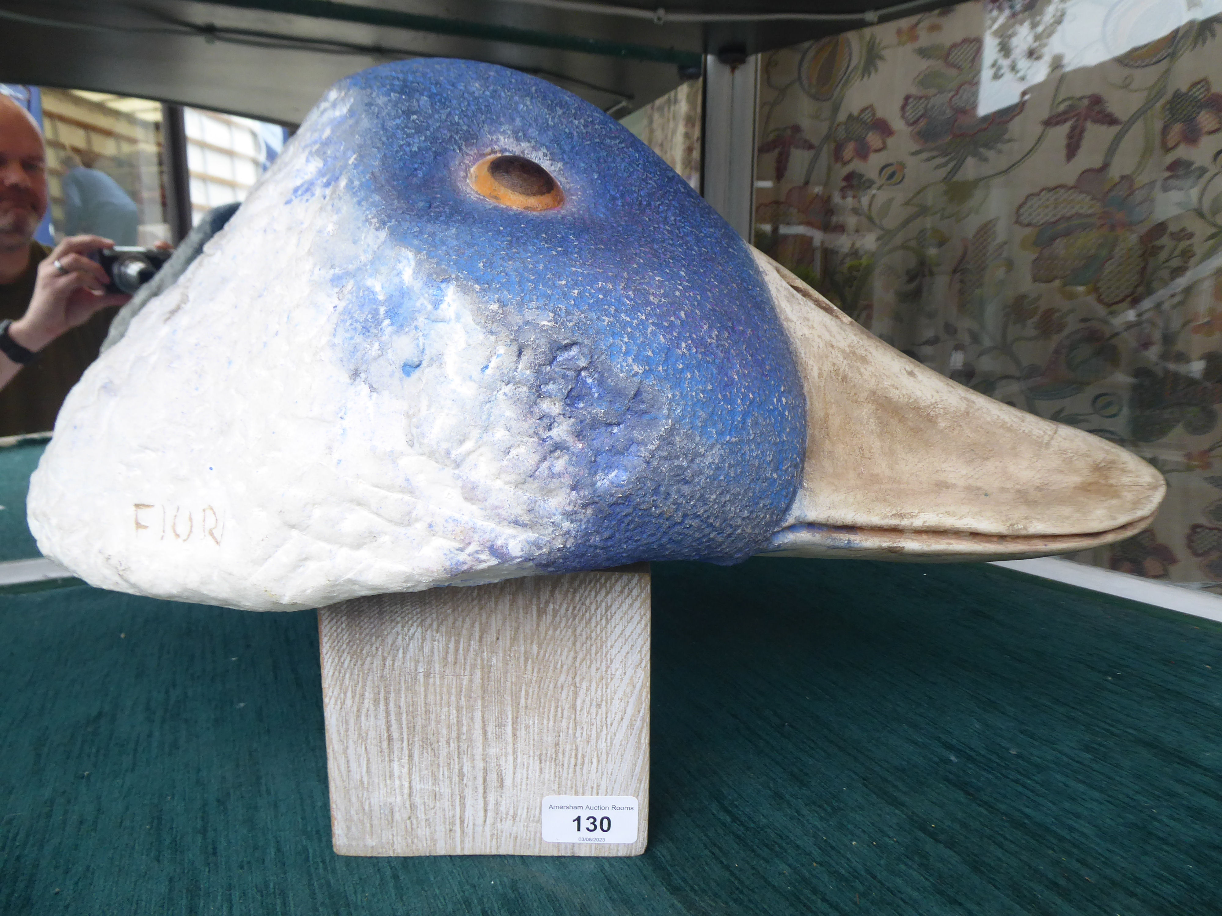 Attributed to Jean-Marie Fiori - a caved and painted marble sculpture, a duck's head, on a wooden - Image 3 of 7