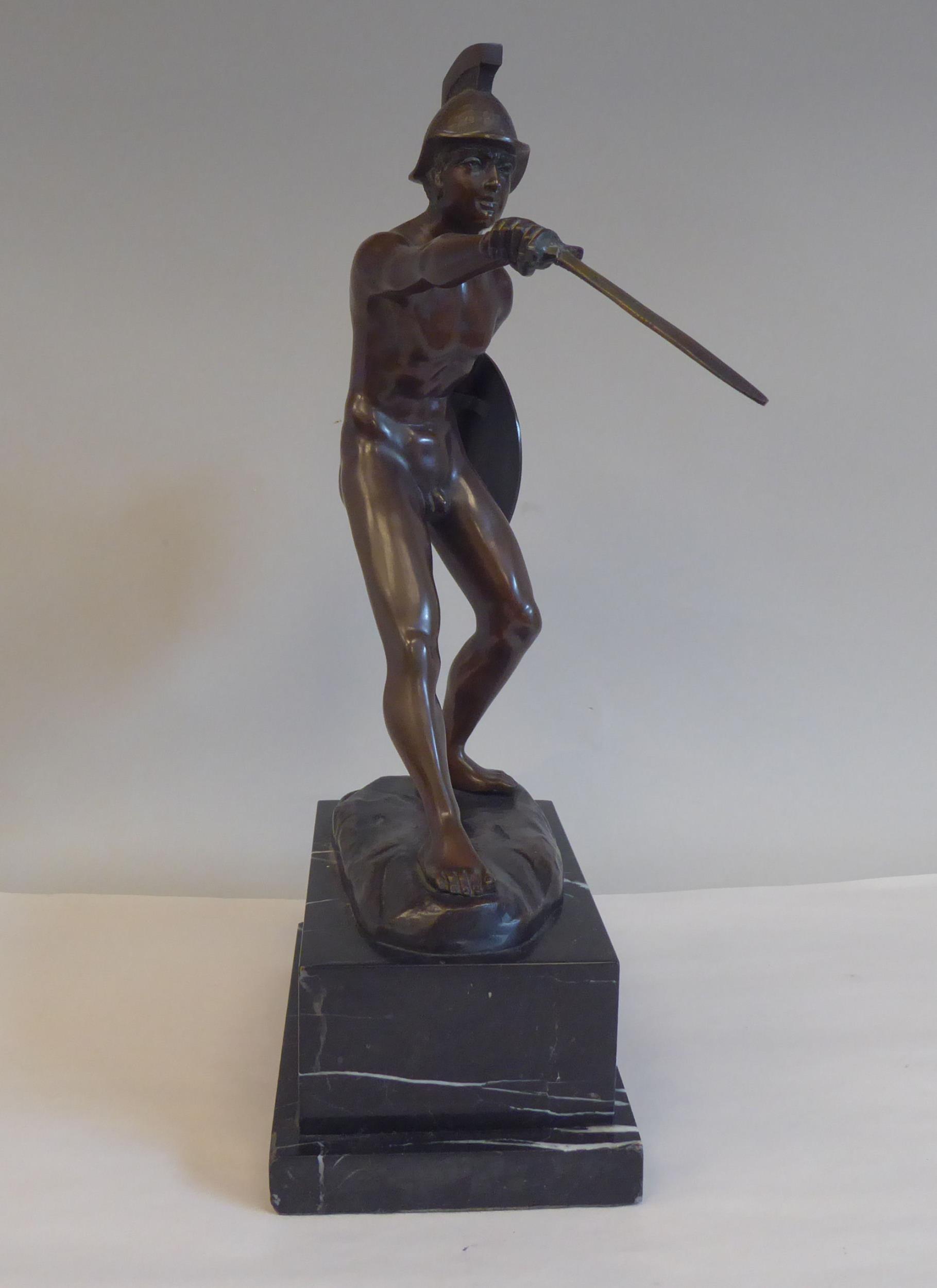 After Schwaldenberg - a cast and patinated bronze nude, classical warrior with a shield and sword - Image 2 of 8