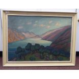20thC British School - a highland landscape with trees in the foreground, a lake and hills beyond