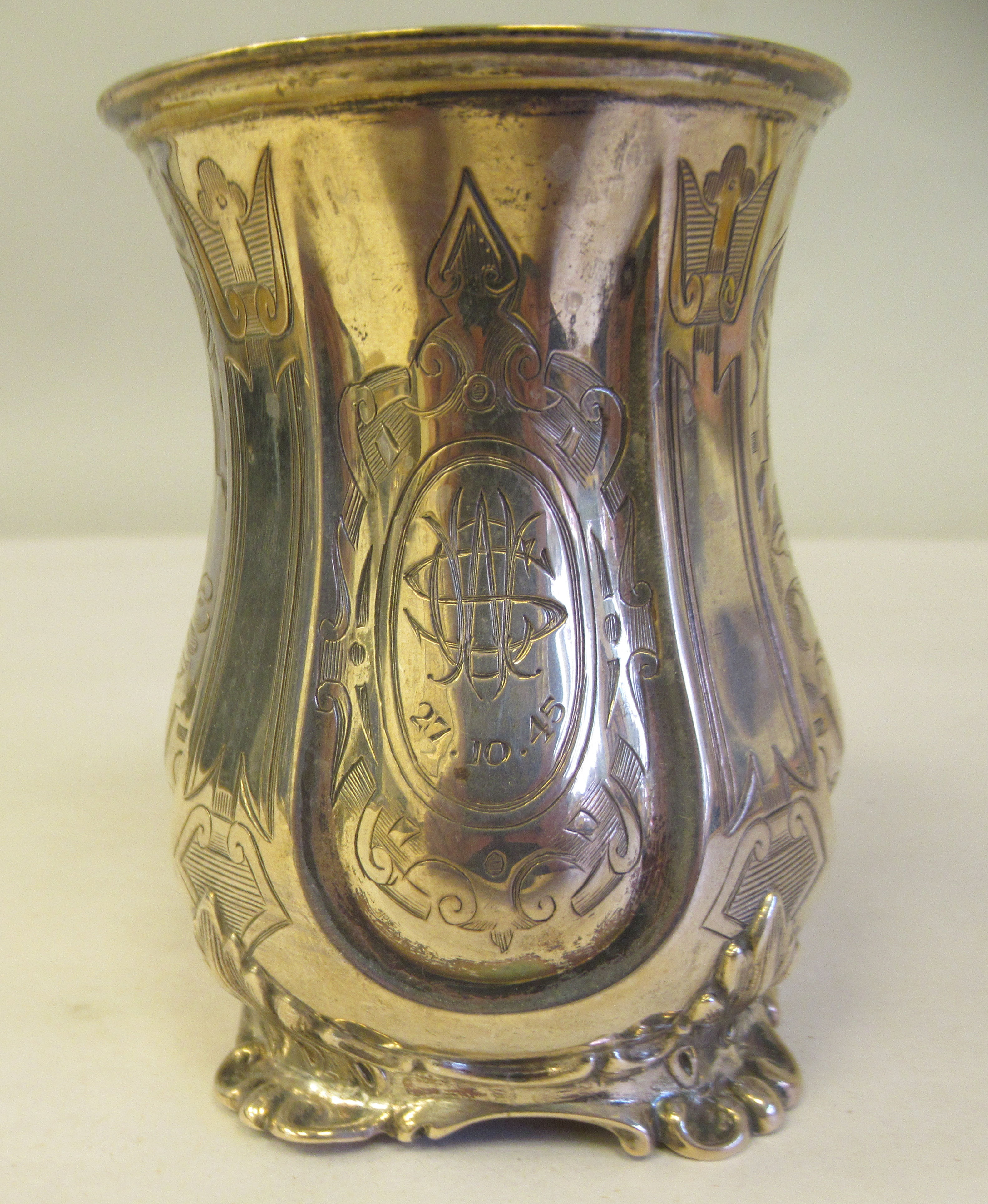 A mid Victorian silver Christening mug of waisted form with a double C-scrolled handle and bright - Image 4 of 6