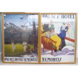 Two colour print posters 'The Palace Hotel, St Moritz, Switzerland'  36" x 26"  framed