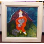 R Hambro - a study of a girl with cats  oil on canvas  bears a signature  23" x 23"  framed