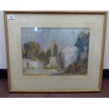 Attributed to Cecil A hunt - a cityscape with figures  watercolour with bodycolour  10" x 14"