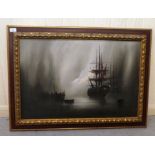 Barry Hilton - a moonlit seascape with two galleons by a dock  oil on canvas  bears a signature  20"