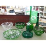 Glassware: to include a Bohemian style green hobnail cut pedestal bowl  7"h  8"dia