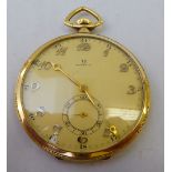 An Omega 14ct gold slim cased pocket watch with engine turned decoration, the keyless movement faced