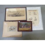 20thC pictures, some framed: to include a hillside landscape  watercolour  4" x 12"