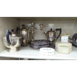 A mixed lot: to include a silver plated teapot with an ebonised handle