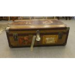 A vintage Veneer Vulcanised fibre and metal bound trunk  12.5"h  36"w