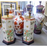 Three pairs of porcelain table lamps, each decorated in the Oriental taste  approx.15"h