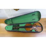 An early 20thC violin with a 14"L two piece back  cased