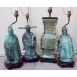 Oriental themed table lamps: to include three examples in cast metal fashioned as elders  13"h