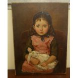 20thC British School - a young girl holding a doll  oil on canvas  12" x 16"