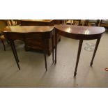 Reproduction mahogany finished furniture, viz. a demi-lune hall table  30"h  30"w; and a similar