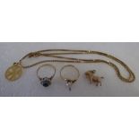 9ct gold jewellery: to include two rings; a pendant necklace; and a bracelet charm in the shape of a