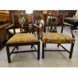 Two similar, early 19thC Chippendale inspired mahogany framed elbow chairs with carved ribbon splats