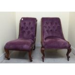 Two Victorian framed fabric upholstered nursing chairs, raised on cabriole forelegs