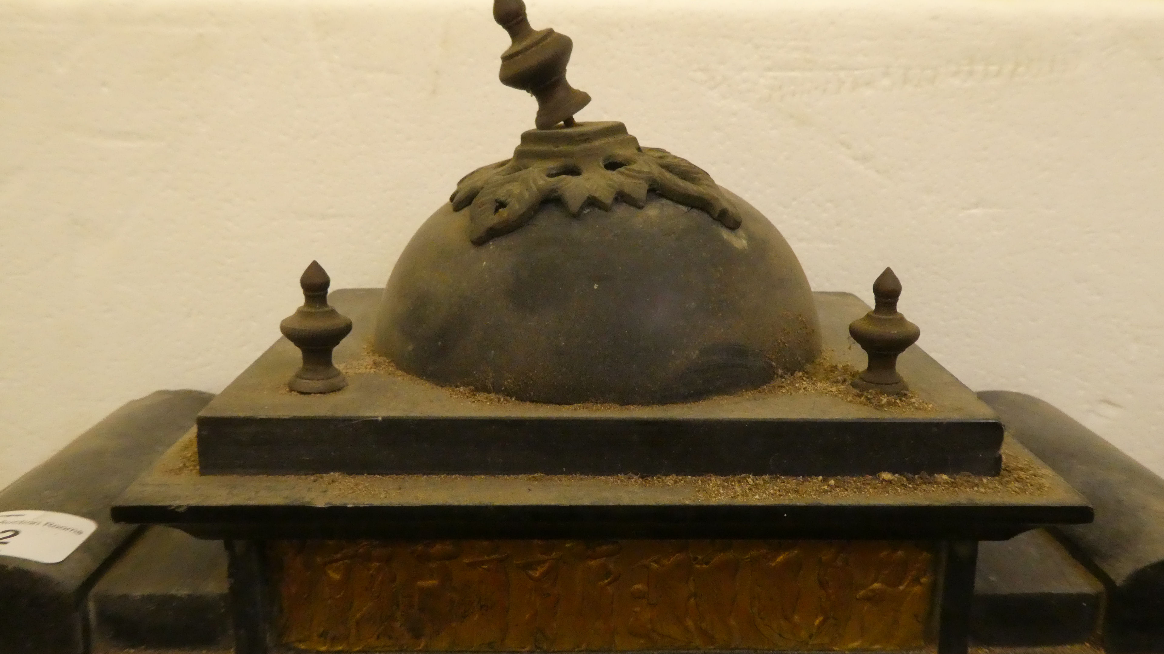 A late Victorian black slate cased mantel clock of architectural form, on a plinth; the movement - Image 3 of 9