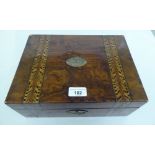 A late Victorian marquetry and walnut box with a hinged lid and a part fitted interior  5"h  11"w